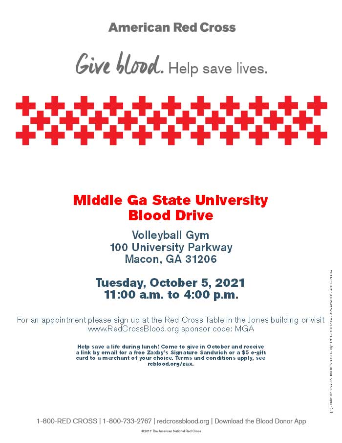 MGA will host an American Red Cross Blood Drive on October 5th from 11:00 a.m. to 4:00 p.m. in the volleyball gym on the Macon Campus.